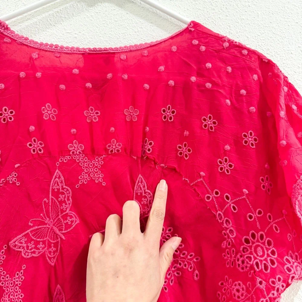 Johnny Was Pink Floral Boho Lace Indie Dress Tunic Beach Cover-Up M